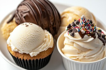 Delectable Ice Cream Dessert: A tantalizing image features an array of ice cream treats: a cupcake topped with vanilla ice cream, a scoop of vanilla ice cream, a chocolate-covered ice cream dessert.