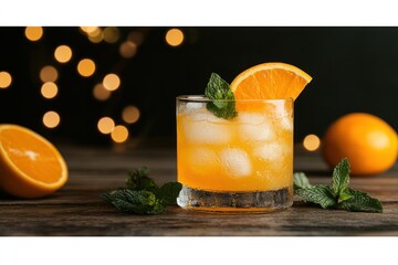 Orange Delight: A refreshing orange beverage, garnished with fresh mint leaves and an orange slice, is presented on a rustic wooden surface.