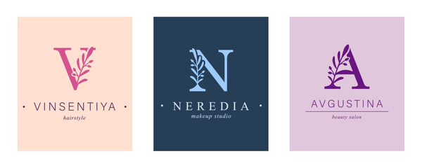 Logo V, N, capital letter A. Monogram of Botanical Minimalistic, Initial. with Organic Plant Elements.