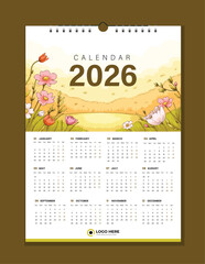2026 Wall Calendar with editable date, months and seasonal illustration vector file