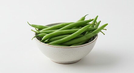 Fresh Green Beans in Ceramic Bowl on White Background