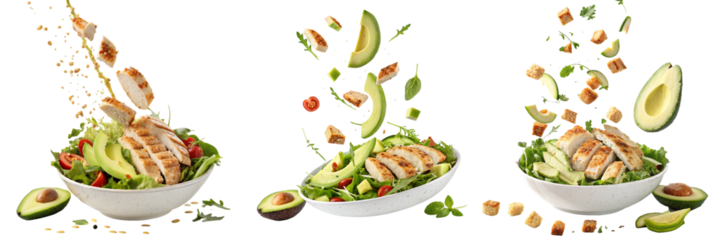 Set of salad with sliced avocado and grilled chicken flying in the air, with a burst vinaigrette splashing isolated on a transparent background