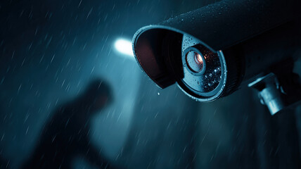 CCTV surveillance camera recording a suspicious shadowy figure in a rainy dark urban environment, concept of security monitoring, crime prevention, protection and safety