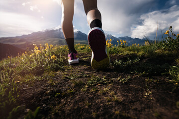 Trail runner running on the high altitude grassland mountain top trail