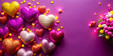 A vibrant collection of sparkling heart shaped balloons and colorful candies scattered across a rich purple background with a bouquet of flowers on the right side