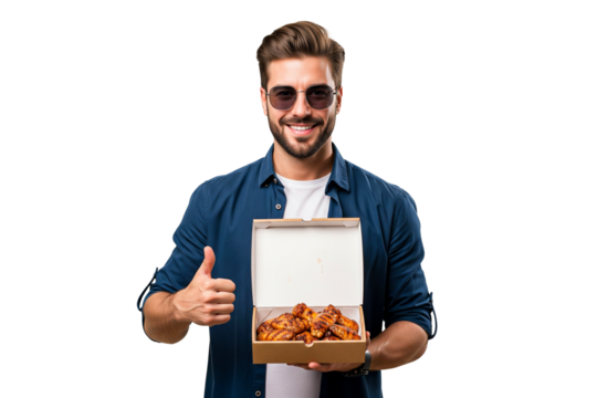 young man holding a box of grilled chicken wings isolated on white
