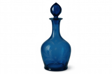 Glass decanter featuring delicate etched floral pattern, crafted in deep blue hue, standing against transparent backdrop, highlighting decorative glassware design