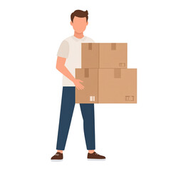 A smiling delivery person carries a stack of cardboard boxes