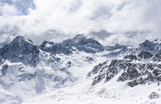 View at the summit of Piz Laviner, mountain panorama in winter, mountain landscape with mountain peaks Piz Bever and Piz Julier, Grisons Haute Route, Albula Alps, Rhaetian Alps, Grisons, Eastern Switzerland, Switzerland