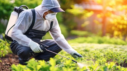 Farmer in protective gear spraying crops in a sunlit field, showcasing sustainable agriculture practices