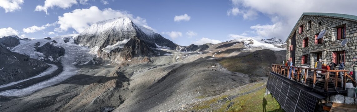 Mountain hut Labane des Dix with summit of Mont Blanc de Cheilon and glacier Glacier de Cheilon, Valais Alps, Valais, Switzerland