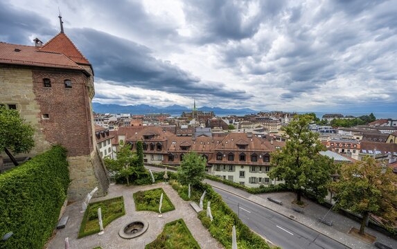 Ancien &eacute;v&ecirc;ch&eacute; de Lausanne, historic residence of the Bishop of Lausanne, today city museum, view over Lausanne, historic old town, Lausanne, Vaud, Switzerland
