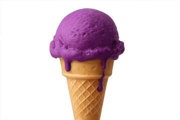 Purple ice cream scoop dripping on waffle cone, melting with vibrant color against clear backdrop, capturing seasonal sweetness