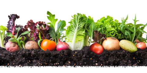 garden vegetable soil isolated on transparent background with potato tomato radish green leaf salad growing , concept of farm-to-table product, locally grown, support local farmers, homegrown