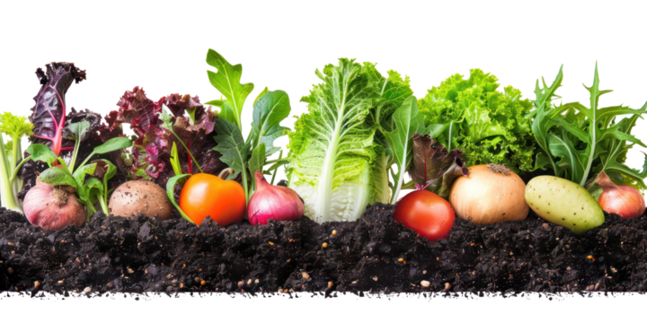 garden vegetable soil isolated on transparent background with potato tomato radish green leaf salad growing , concept of farm-to-table product, locally grown, support local farmers, homegrown