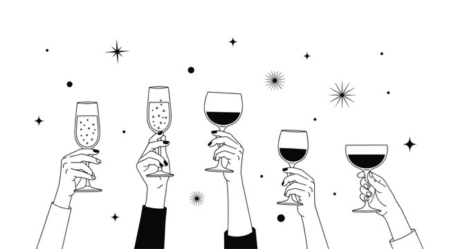 People raising glasses for a toast celebration with confetti and stars.