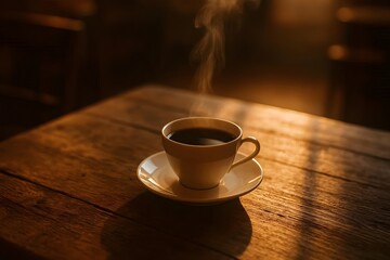 Obraz premium Steaming Hot Black Coffee in White Cup on Rustic Wooden Table at Sunrise.