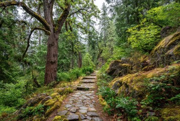 Obraz premium Cobblestone pathway ascends through a moss-covered forest. Tall trees line the path amid lush foliage. A serene, natural scene unfolds