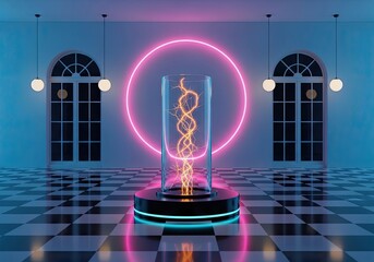 Futuristic Room with Lightning in a Jar, Neon Circle, Checkerboard Floor and Windows