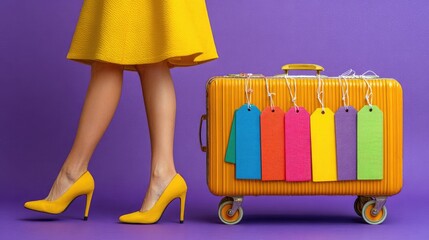 Elegant woman in yellow dress and heels beside colorful suitcase with vibrant tags on purple background