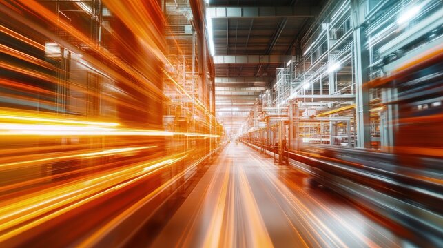 Dynamic industrial warehouse with motion blur light trails, perfect for technology, logistics, automation, and modern manufacturing process visuals or presentations