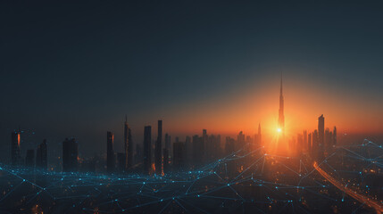 Sunshine in the Smart digital Innovation city with connection network reciprocity over the cityscape. of future smart wireless digital city and social media networking systems that connects people