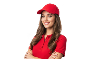 A smiling woman in red uniform isolated on transparent background