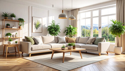 Scandinavian modern living room with pastel furniture natural light clean decor cozy interior atmosphere