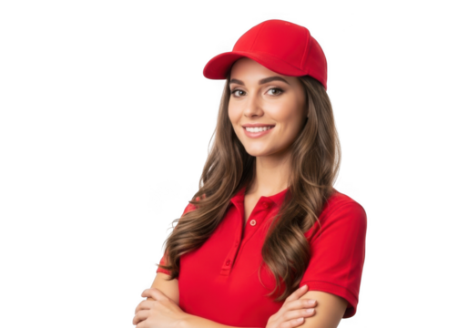 A smiling woman in red uniform isolated on transparent background