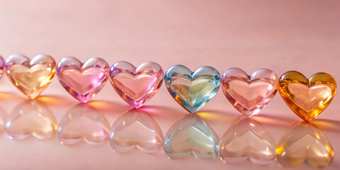 A row of sparkling translucent heart shaped gems in various pastel colors reflecting on a pink surface creating a romantic and celebratory atmosphere for valentine s day or special occasions