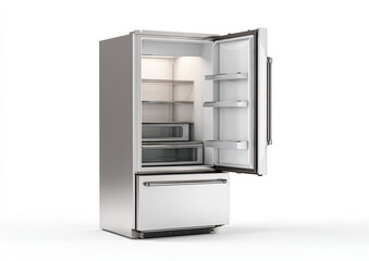 Fototapeta premium Empty stainless steel refrigerator, open door, modern design