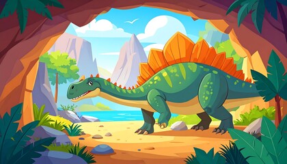 A vibrant cartoon illustration showcases a green Stegosaurus in a prehistoric landscape. The scene includes a cave entrance, mountains, and lush vegetation