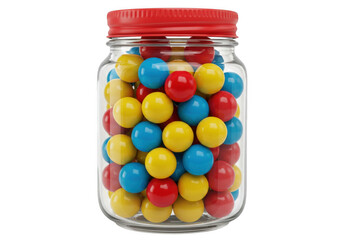 Clear glass jar overflowing with vibrant red yellow and blue gumballs ready for enjoyment transparent background