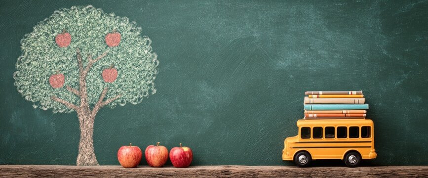 School setup with apple tree drawing, real apples, a toy bus and books on a chalkboard backdrop on a wooden surface