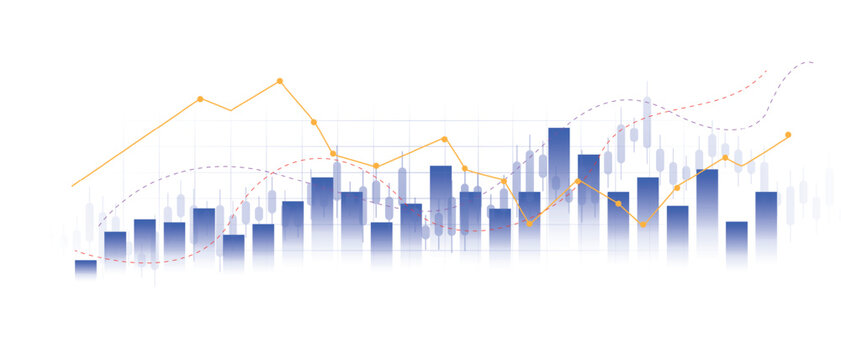 Abstract financial market chart showing bar graphs, line graphs, and candlestick patterns with glowing neon design on dark background for trading analysis