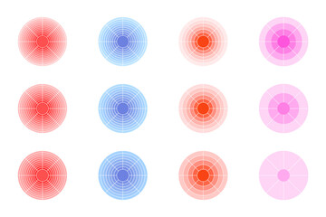 12 circles arranged in 3 by 4 grid, divided into rings from center to edge with step of 1,2,5,6,7,8,9,10,11. Vector illustration of pie chart templates for text, infographic, targeting, sales funnel.