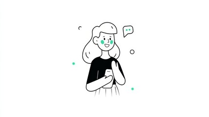 A simple line art illustration of a blushing woman holding a smartphone near her face,