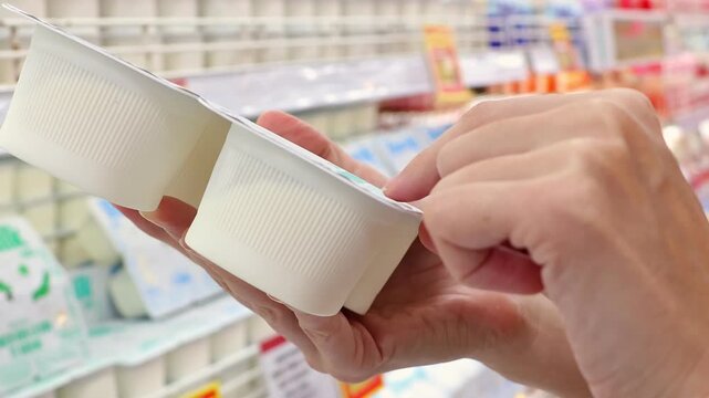 Close up view of female hands holding package of milk, yoghurt, milk cream in supermarket, grocery store. Woman reading product information on label. Concept of choosing fresh healthy food.