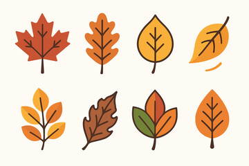 Autumn leaves flat icon set. maple, oak, birch, ginkgo, aspen, chestnut, beech, sycamore