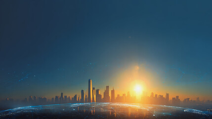 Obraz premium Sunshine in the Smart digital Innovation city with connection network reciprocity over the cityscape. of future smart wireless digital city and social media networking systems that connects people