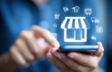 Naklejka premium Close-up of hands holding a phone with a glowing storefront icon and assorted shopping symbols above, set against a blurred blue background