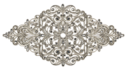 Ornate, symmetrical filigree design in light gray and dark tones, showcasing intricate floral patterns on a black background.
