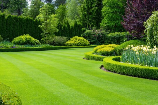 Lush green garden with manicured lawns, vibrant flower beds, and serene landscaping in springtime