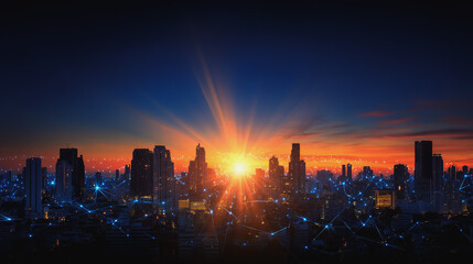 Obraz premium Sunshine in the Smart digital Innovation city with connection network reciprocity over the cityscape. of future smart wireless digital city and social media networking systems that connects