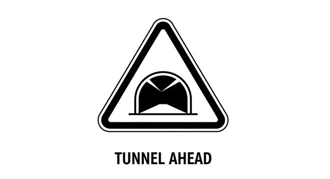 Black and white triangular road warning sign for tunnel ahead simple graphic icon.