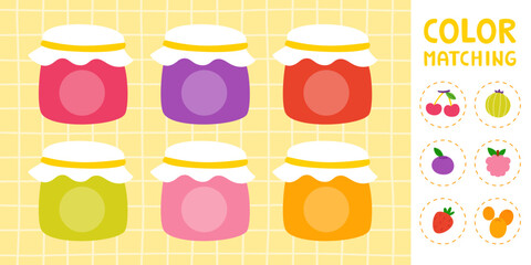 Color match mini game with jam jar and berries. Cute educational game for kids.