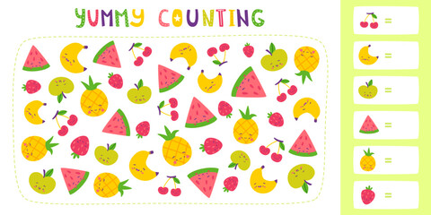 Kids counting mini game with cute fruits and berries. Kawaii food game for children.