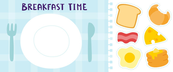 Food plate breakfast mini game with magnetic ingredients. Cut and glue mini game for kids.