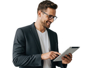 Smiling professional man wearing glasses uses tablet for business and technology tasks transparent background