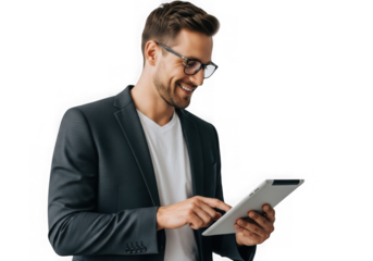 Smiling professional man wearing glasses uses tablet for business and technology tasks transparent background